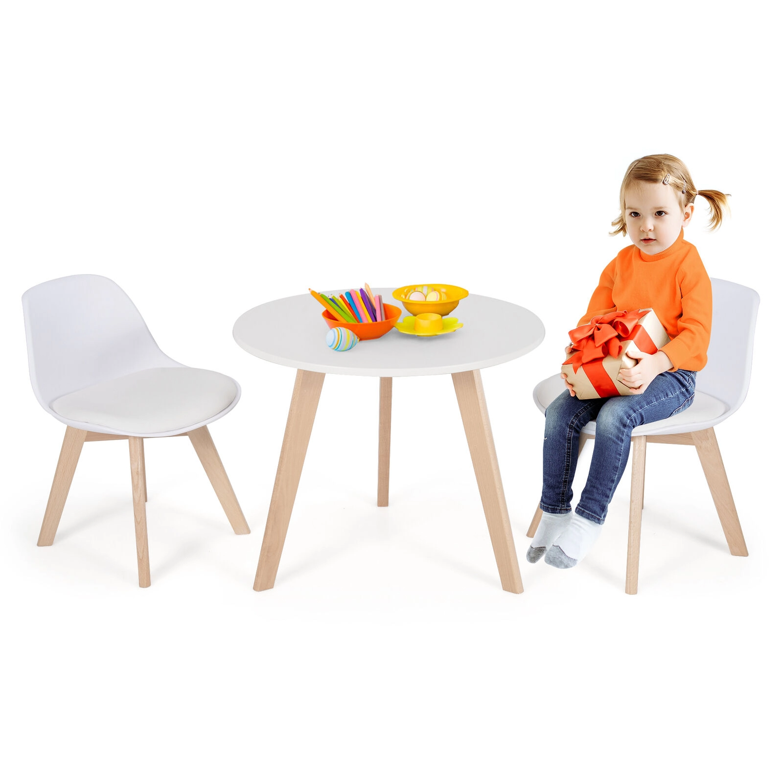 SUGIFT White Beech Legs and Padded Seat Kids Modern Round Activity Table and 2 Chairs Set