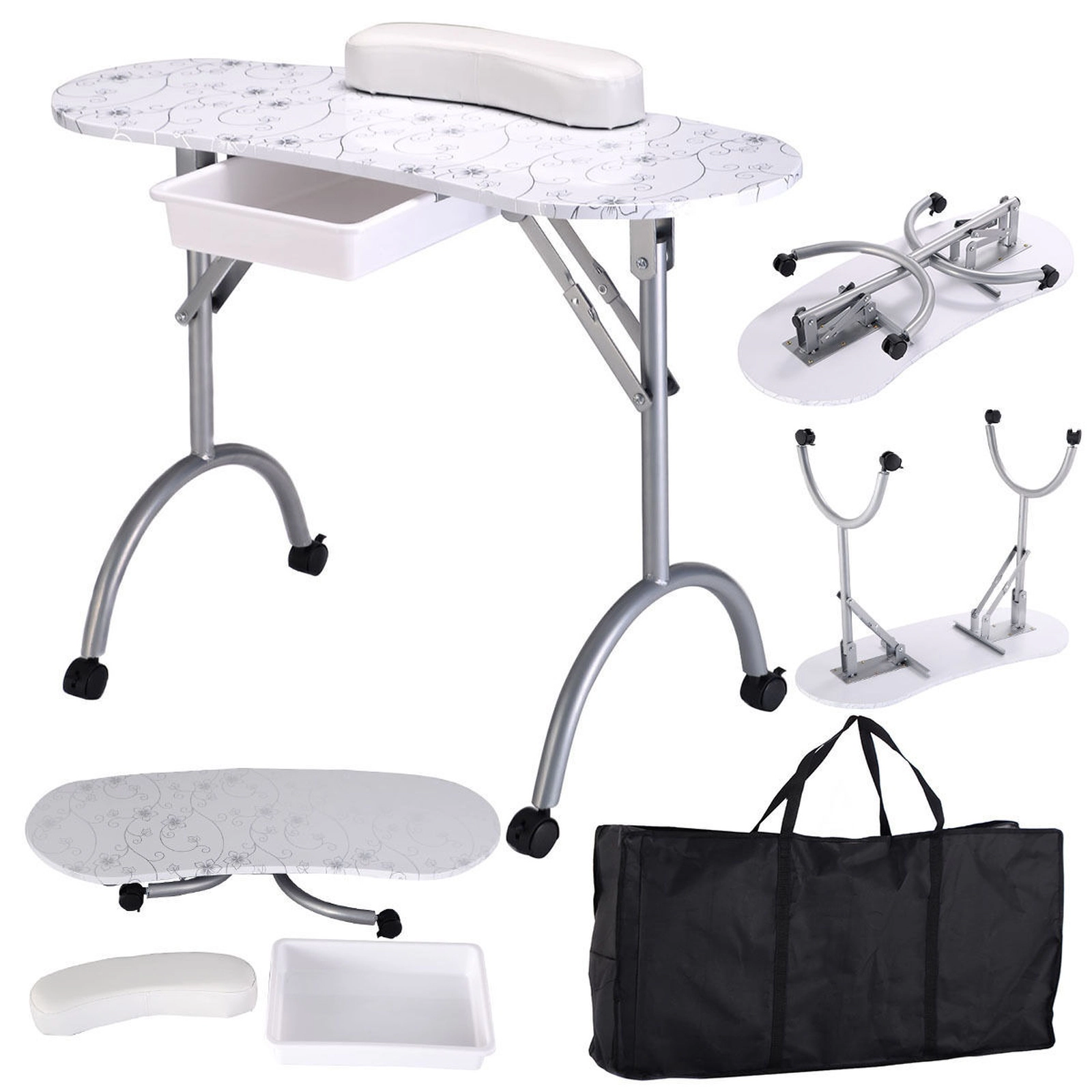 SUGIFT Folding Legs Carry Bag Wrist Rest Drawer 4 Lockable Casters Manicure Nail Desk 35.5-in x 14.5-in x 27-in White