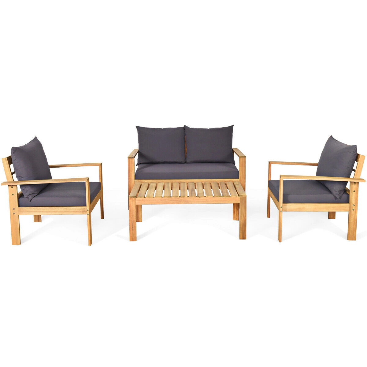 LJG 4 Pieces Patio Acacia Wood Thick Cushion Loveseat Sofa Set