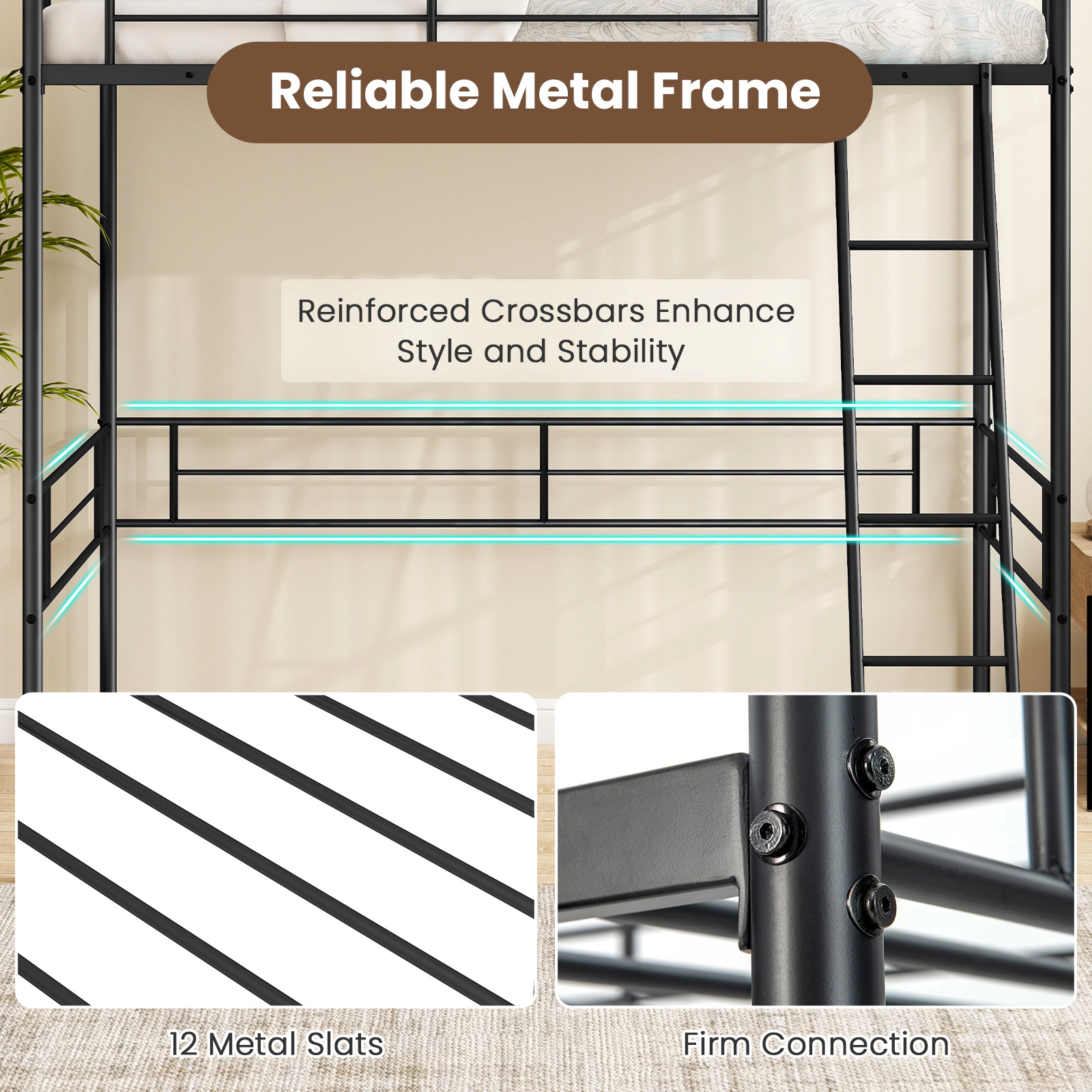 SUGIFT Twin Metal Loft Bed with 5-Step Ladder, 12-Inch Guardrails and 61-Inch Under-Bed Clearance, Black