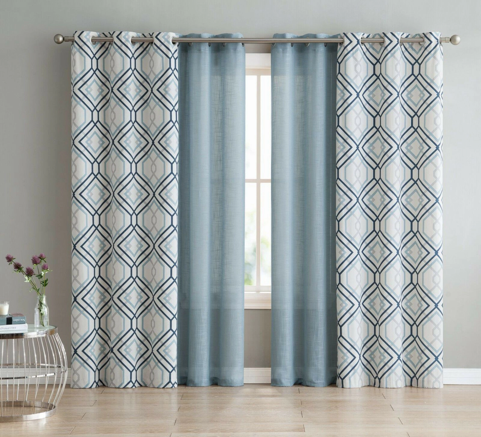 Kate Aurora Coordinating 4 Piece Geometric & Solid Grommet Top Window Curtain Set