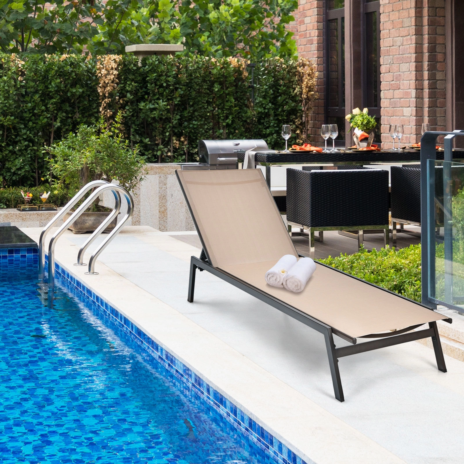 SUGIFT Brown Outdoor Reclining Chaise Lounge with 6-Position Adjustable Backrest