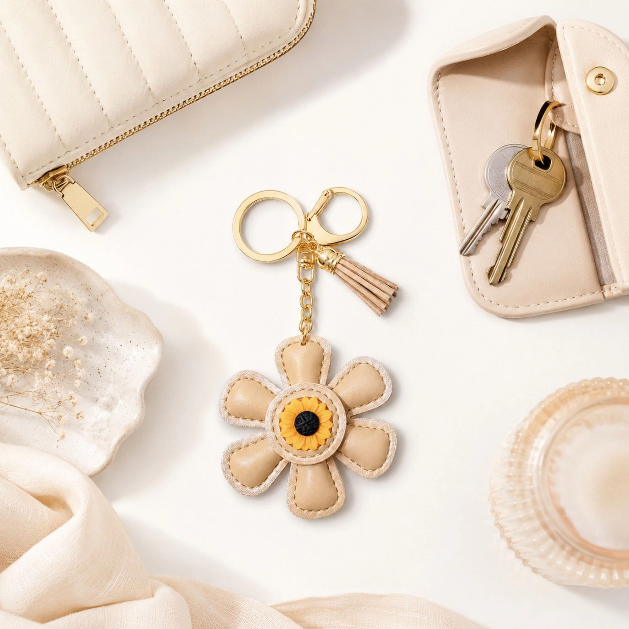 Alilang Women's Faux Leather Sunflower Bag Charm Keychain Floral Purse Accessory with Tassel
