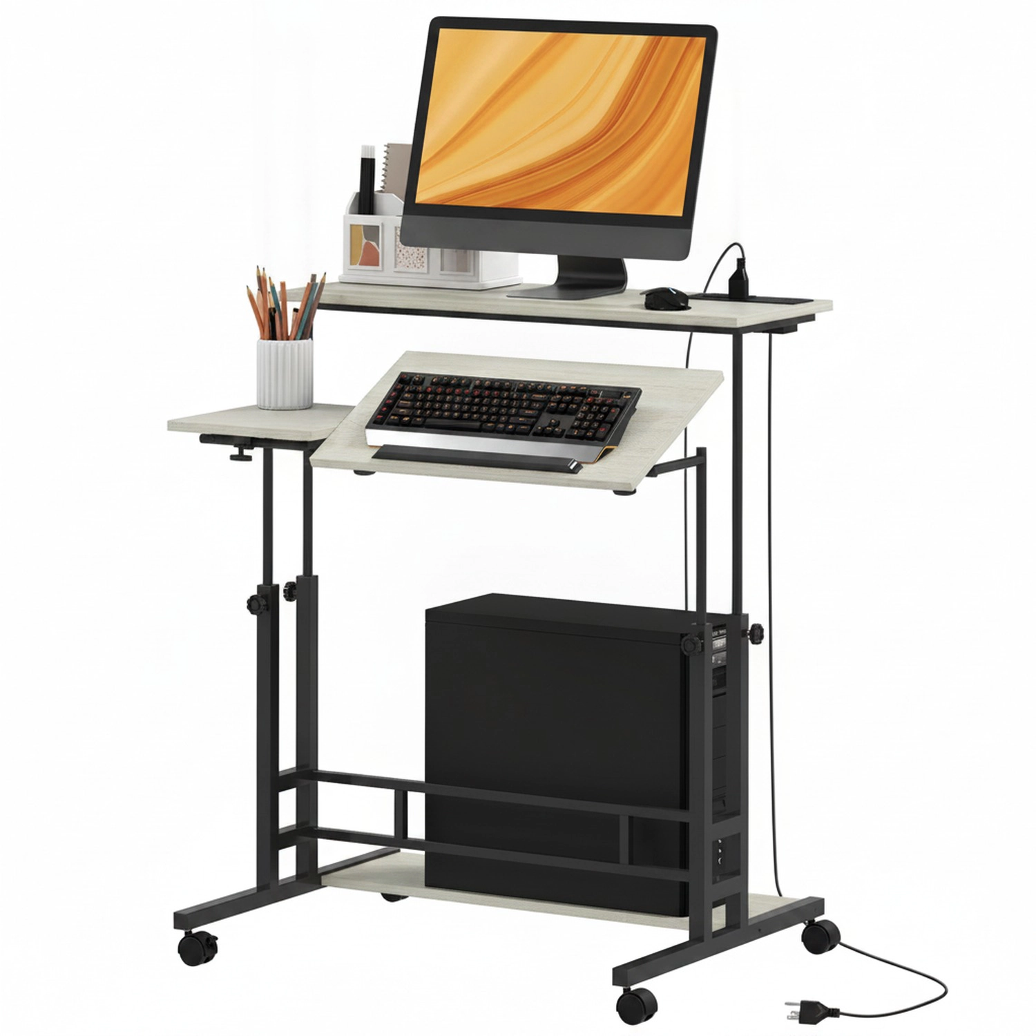 HONGGE Adjustable Standing Desk with Power Outlets, Stand Up Desk with Tiltable Tabletop, Wheels, Shelf, for Home Office