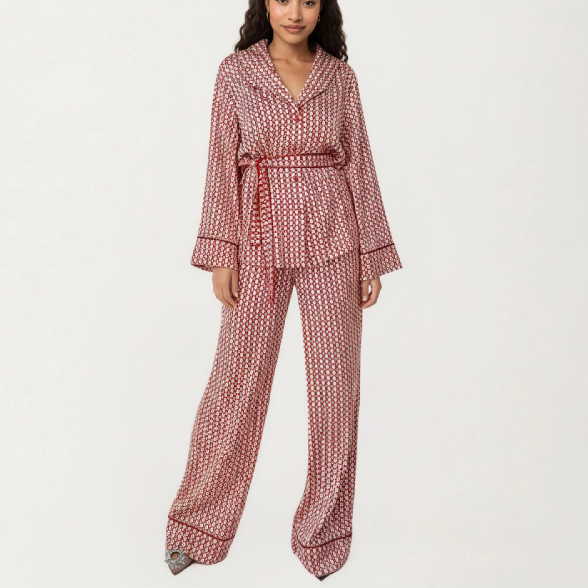 Anna-Kaci Women's Printed Satin Pajama Set Long Sleeve Wrap Top Self-Tie Waist and Full-Length Relaxed Fit Lounge Pants