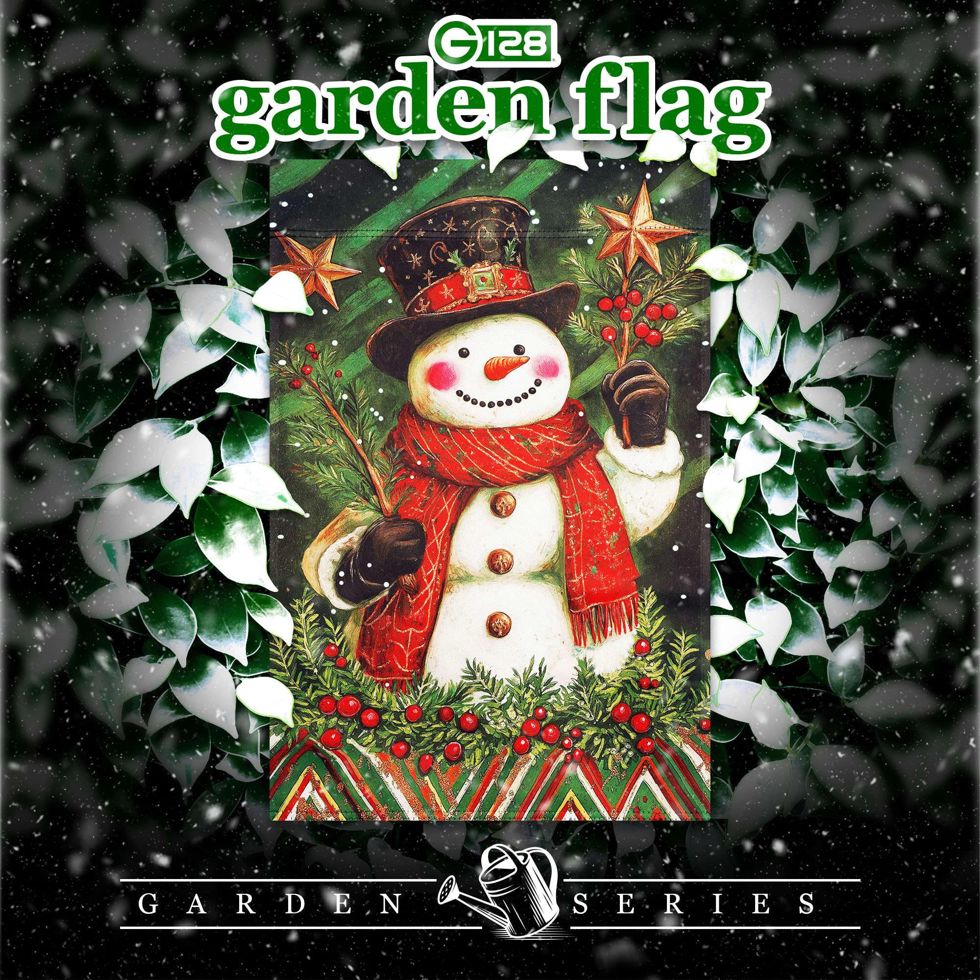 G128 Red Scarf Snowman Holly Garden Flag 12x18 Double-Sided Christmas Yard Decoration