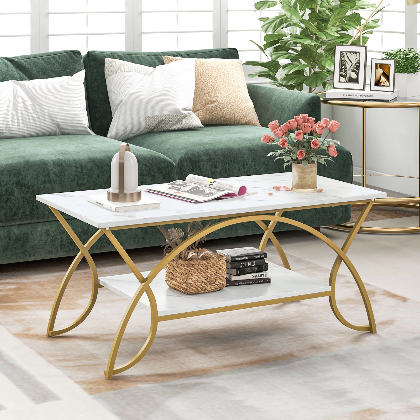SUGIFT 2-Tier Rectangular Coffee Table with 39.5-in Top 110-lb Tabletop Capacity Golden White Marble Pattern Top