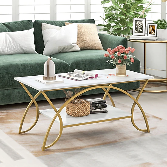 Glintex 2-Tier 39.5-Inch Faux Marble Coffee Table with Arched Metal Frame