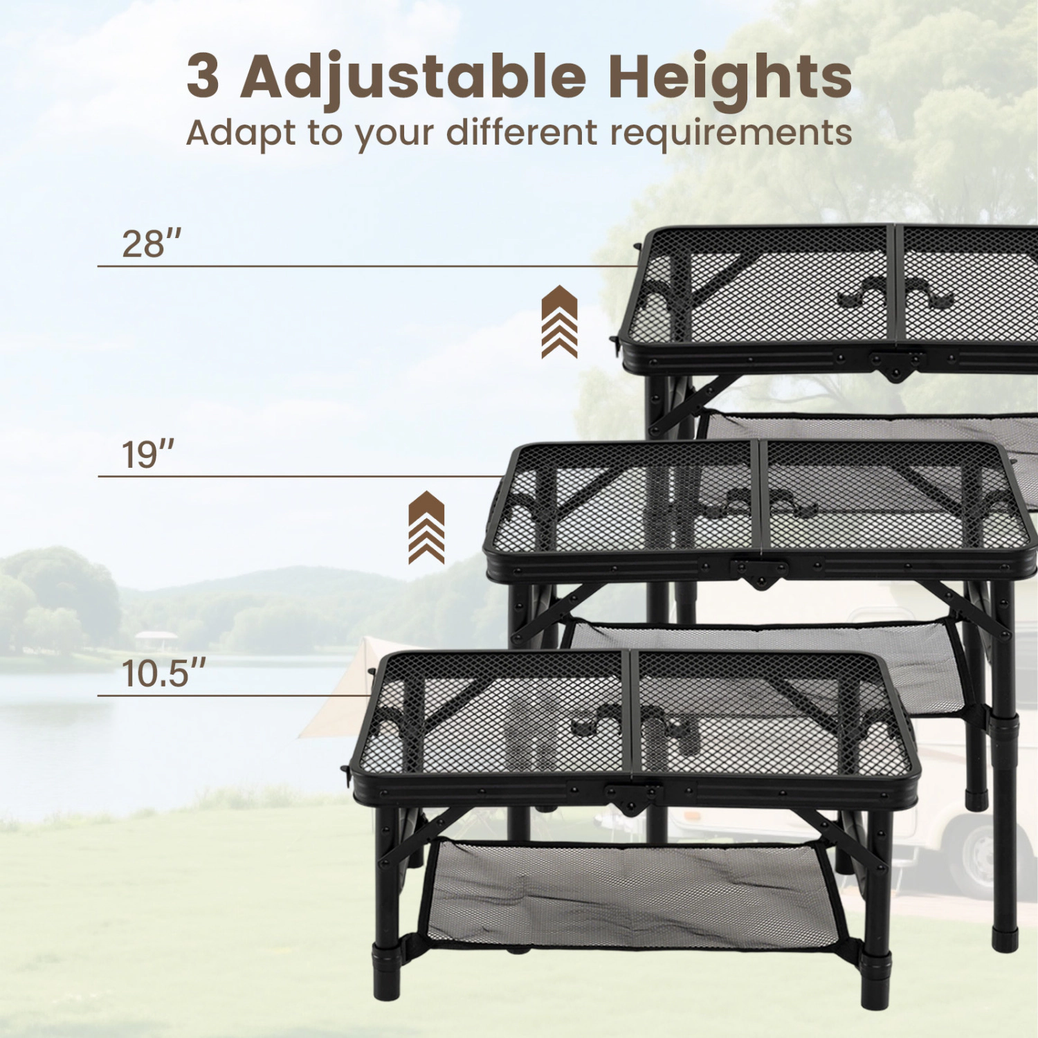 LJG 3-Height Folding Picnic Table with Large Storage Net and Handle