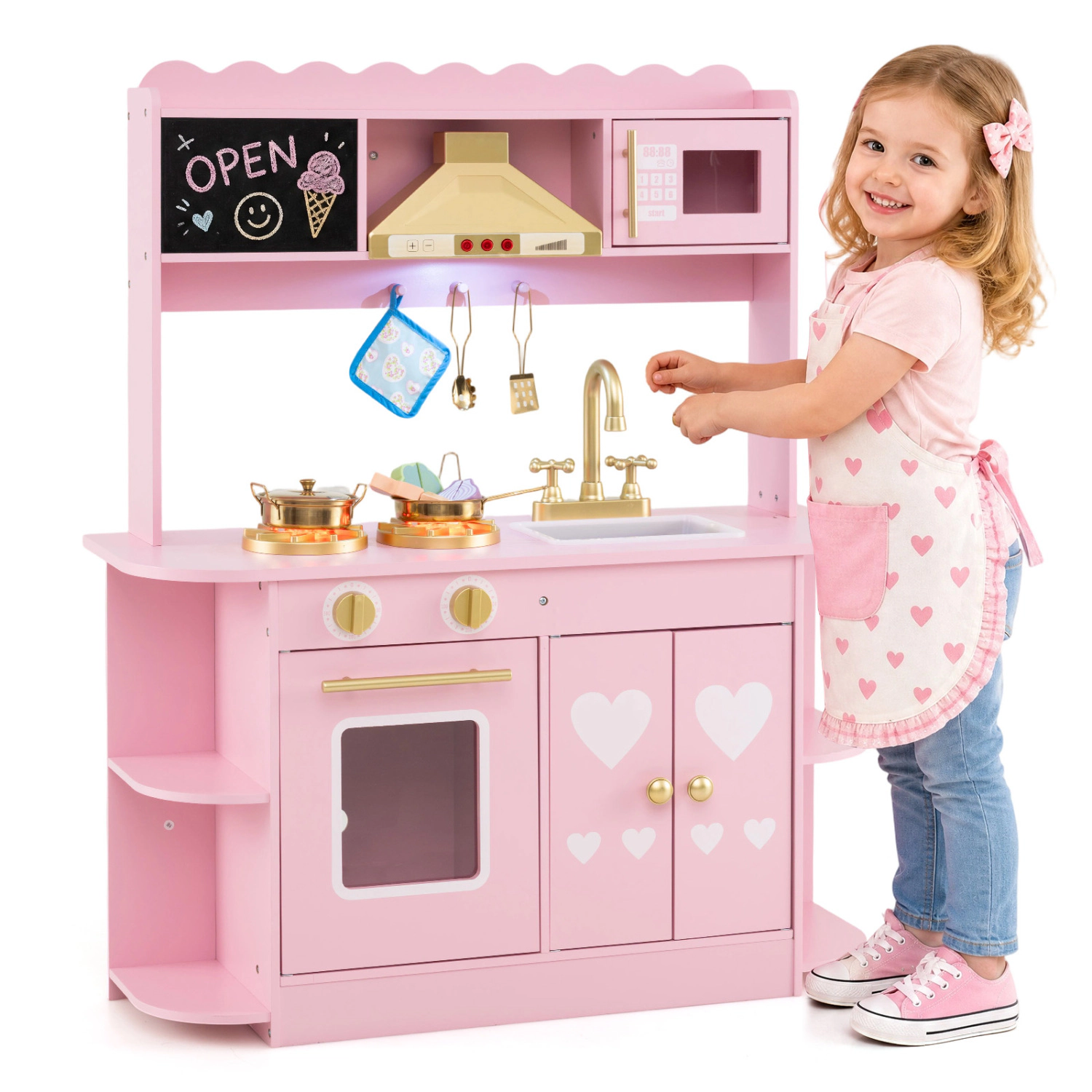 LJG Wooden Play Kitchen with Lights & Sounds and Stove Oven for Toddlers Ages 3+