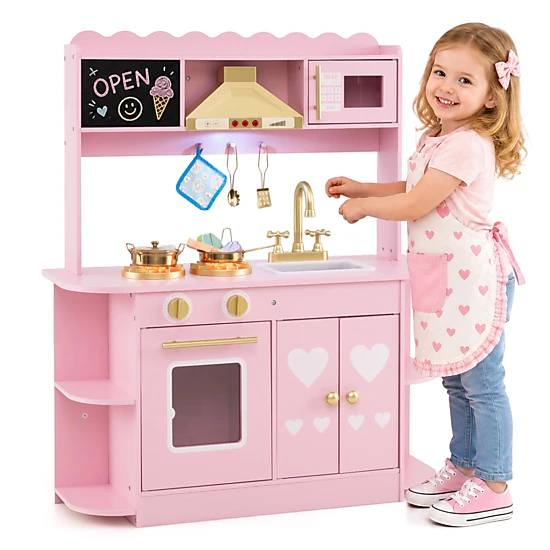 LJG Wooden Play Kitchen with Lights & Sounds and Stove Oven for Toddlers Ages 3+