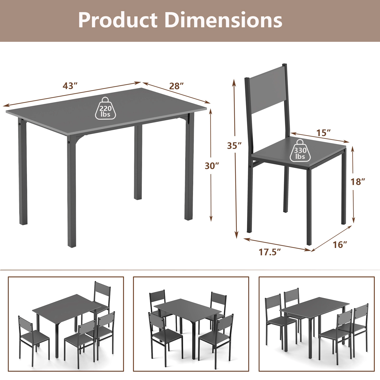 SUGIFT 5-Piece Rustic Brown Industrial Dining Set with 4 Armless Chairs