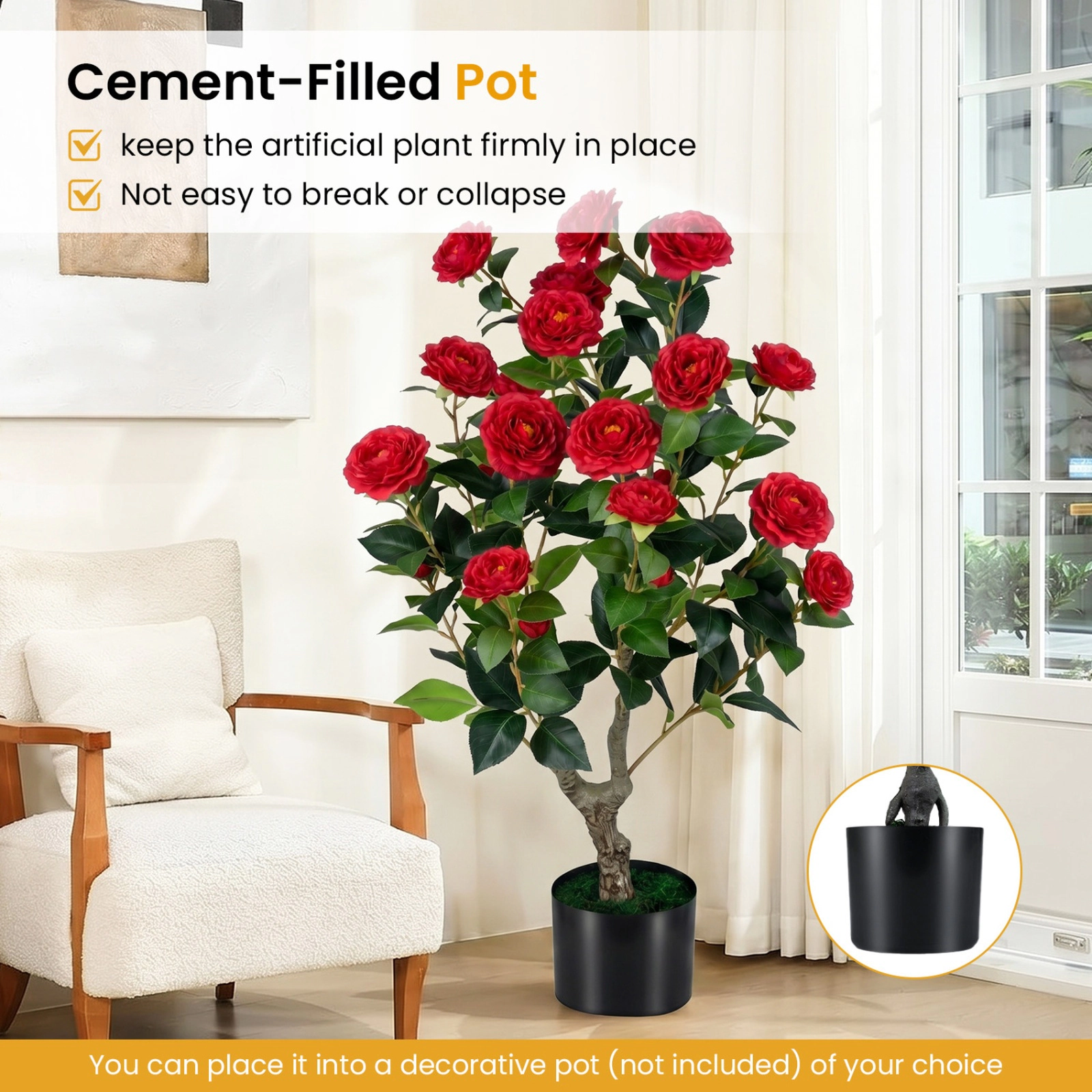 SUGIFT 2-Pack Artificial Camellia Tree Faux Flower Plant in Cement-Filled Pot 35.5-in Tall PE Trunk with Grass Red