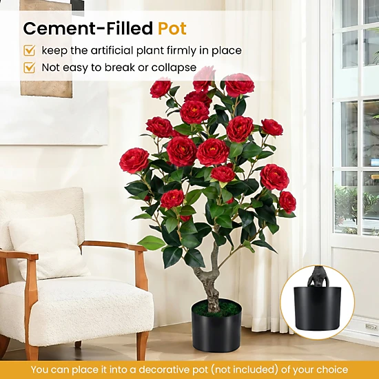SUGIFT 2-Pack Artificial Camellia Tree Faux Flower Plant in Cement-Filled Pot 35.5-in Tall PE Trunk with Grass Red
