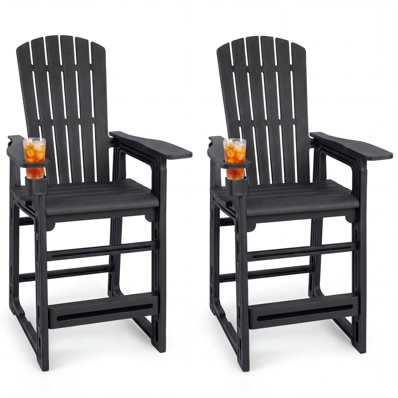 SUGIFT Outdoor Bar Stool Chairs with Backrest, Armrests and Cup Holder 440-lb Capacity 29-in Seat Height Black