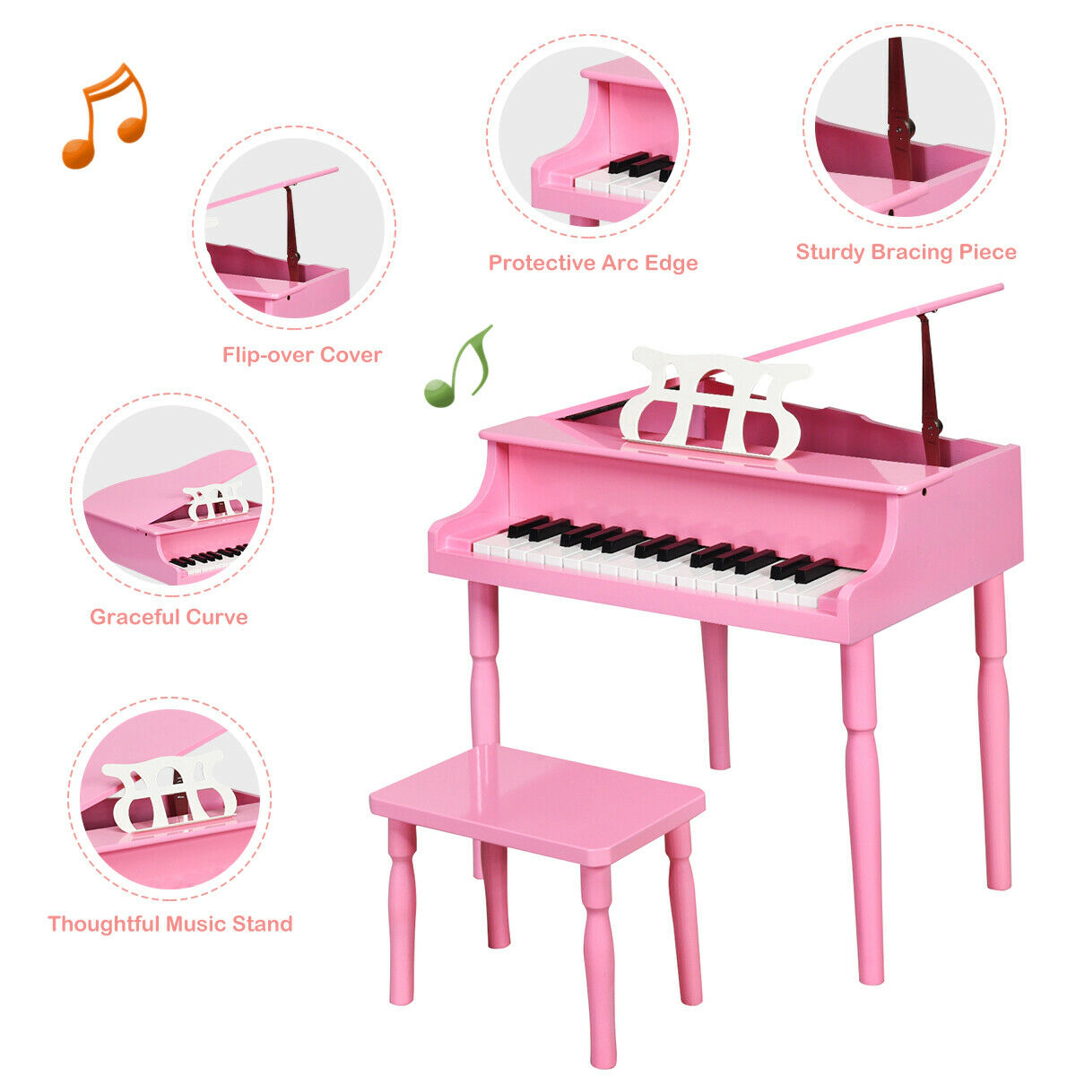 SUGIFT Pink 30-Key Wood Kids Grand Piano with Bench Music Rack Straight Legs and Skin-Safe Smooth Surface