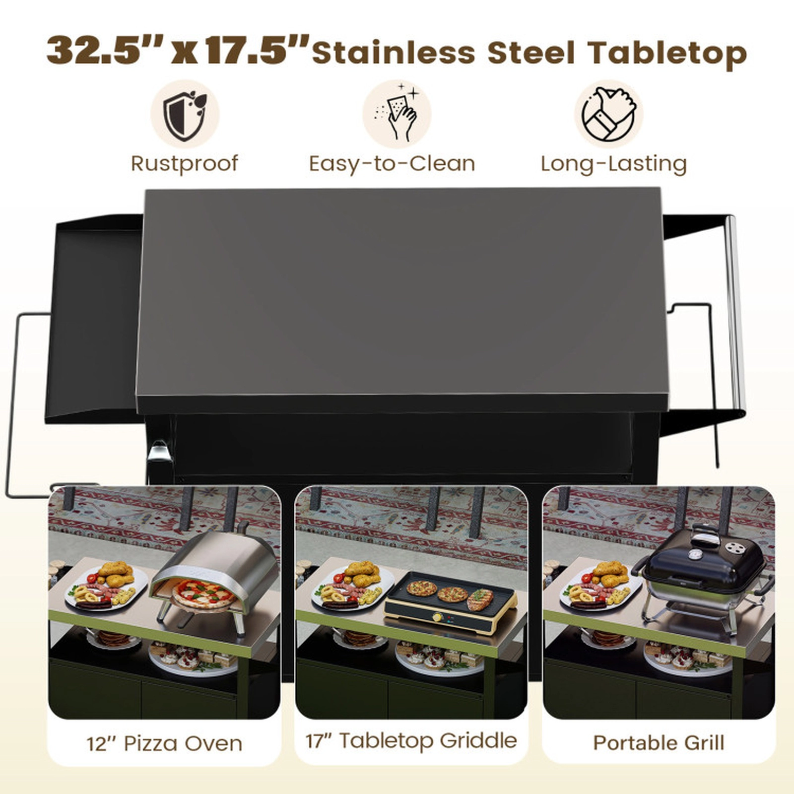 SUGIFT Grill Cart with Stainless Steel Top and 2-Door Cabinet 110-lb Tabletop Capacity Gas Tank Shelf 45-in Wide Black