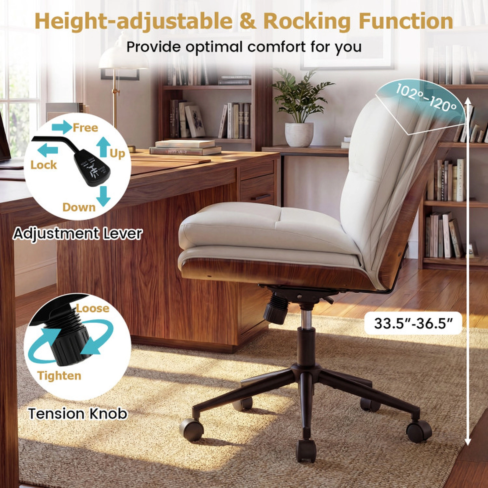SUGIFT Armless Curved Backrest 23-in Wide Padded Seat Rocking Swivel Office Chair 27.5-in x 23.5-in 245-lb White