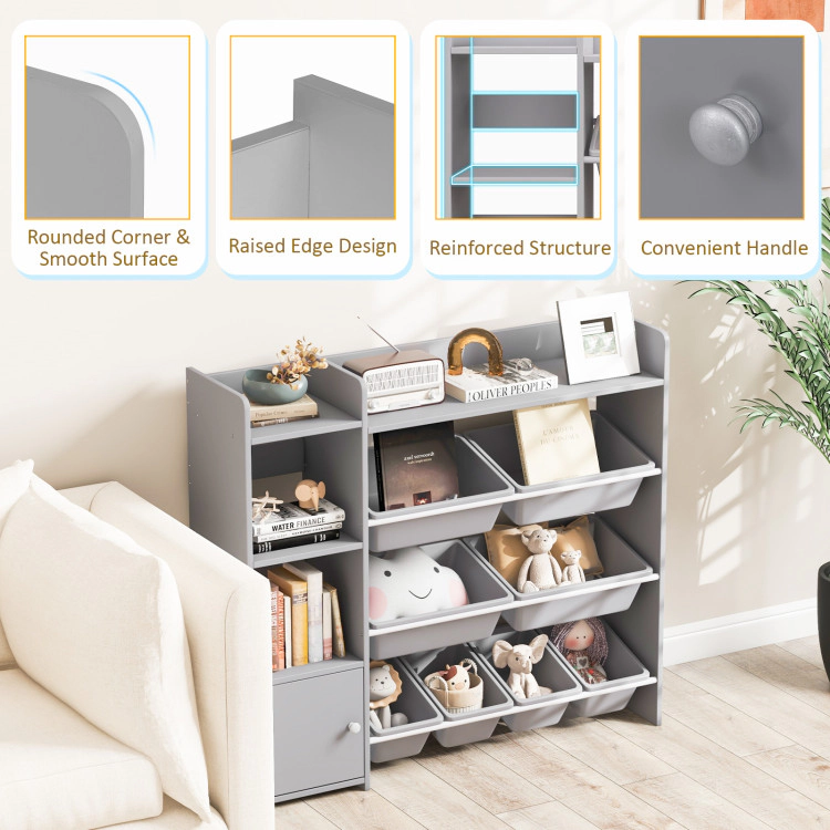 Hivvago 4-Tier Kids Bookshelf and Toy Storage Rack with 8 Toy Organizer Bins-Grey