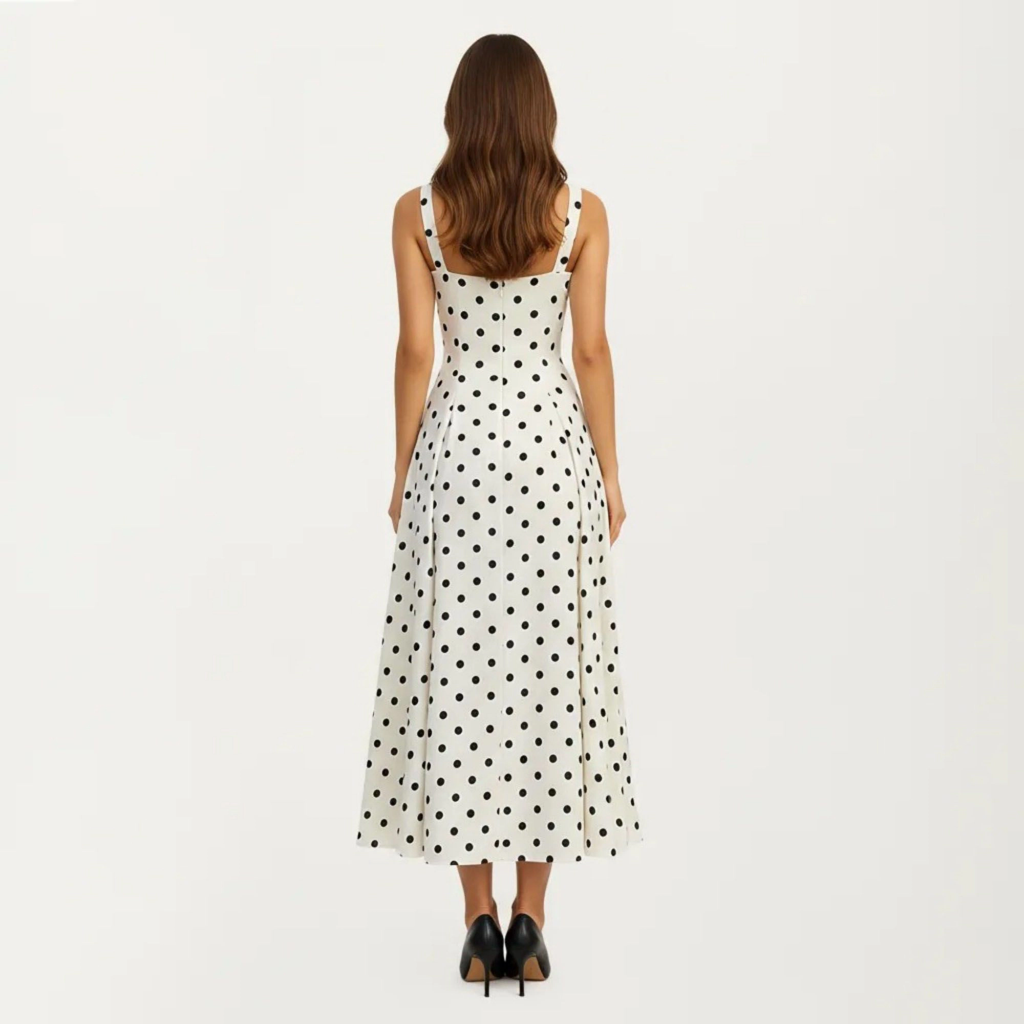 Anna-Kaci Polka Dot Square Neck Pleated A-Line Midi Dress
