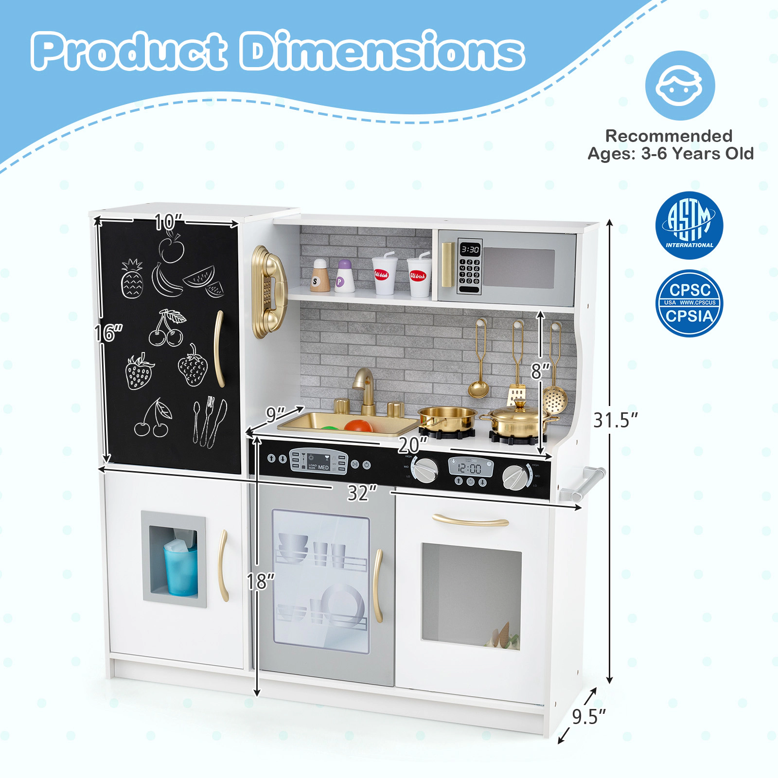 Toddler Pretend Play Kitchen Ages 3-6 Removable Sink Ice Maker Dishwasher 16-in Blackboard 32-in x 9.5-in x 31.5-in