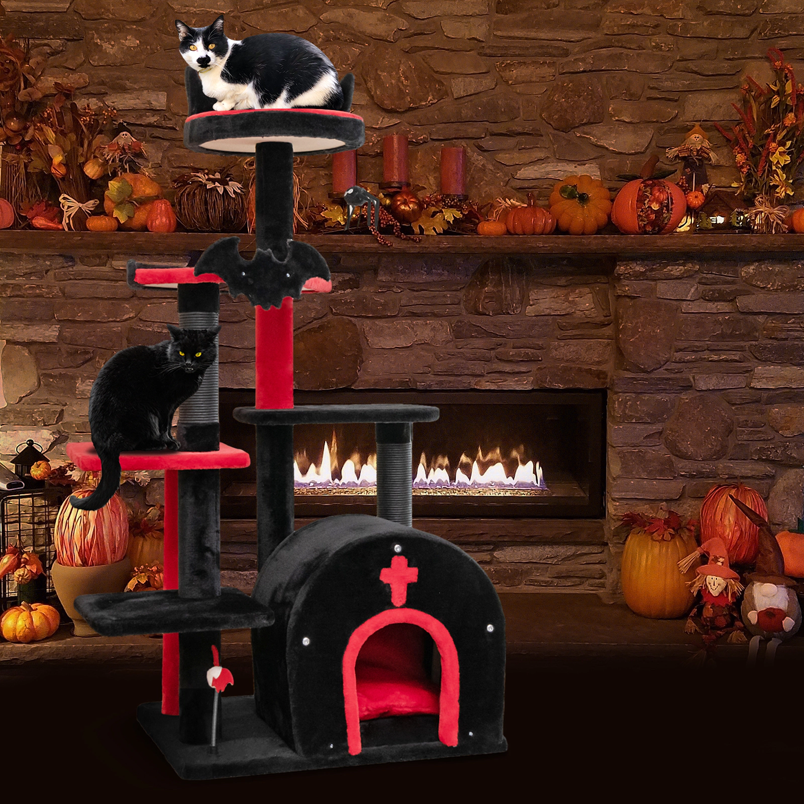 Glintex 53-Inch Gothic Cat Tower with Arch-Shaped Condo and Fenced Cat Bed, Black
