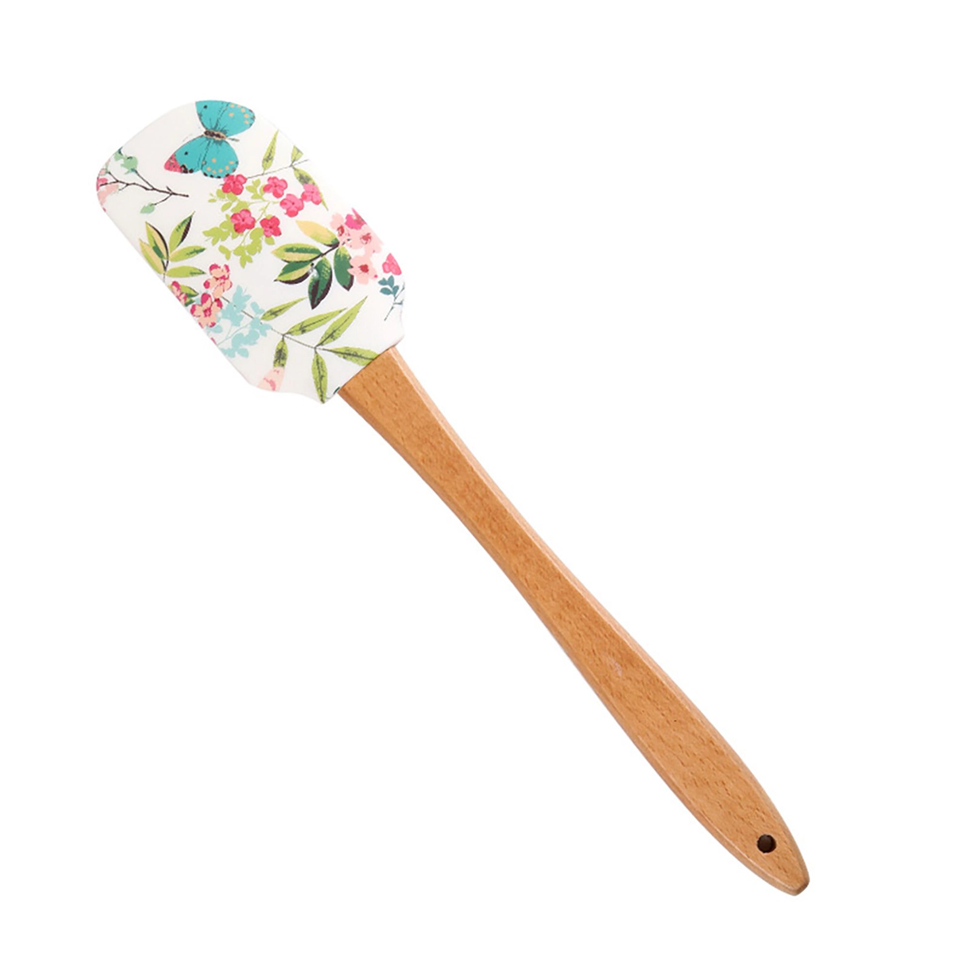 Alilang Unisex Silicone Spatula Set Butterfly Floral Print Wooden Handle Heat Resistant Baking Mixing Tools 2 Piece