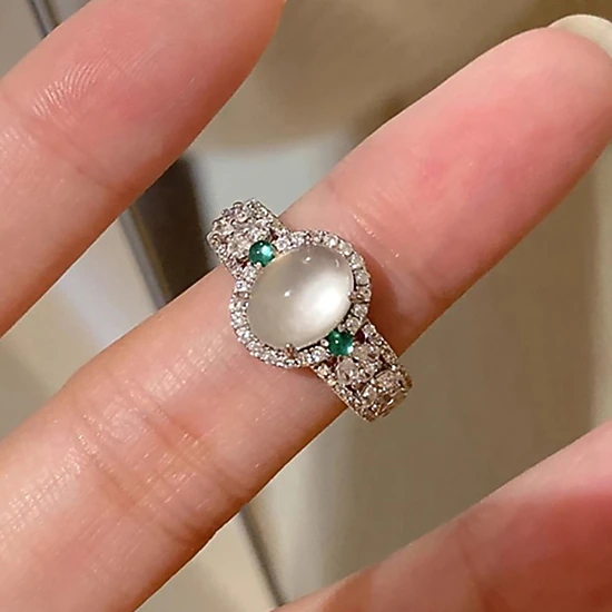 Vintage Oval Cabochon Moonstone Ring With Emerald Accents Pave Cubic Zirconia