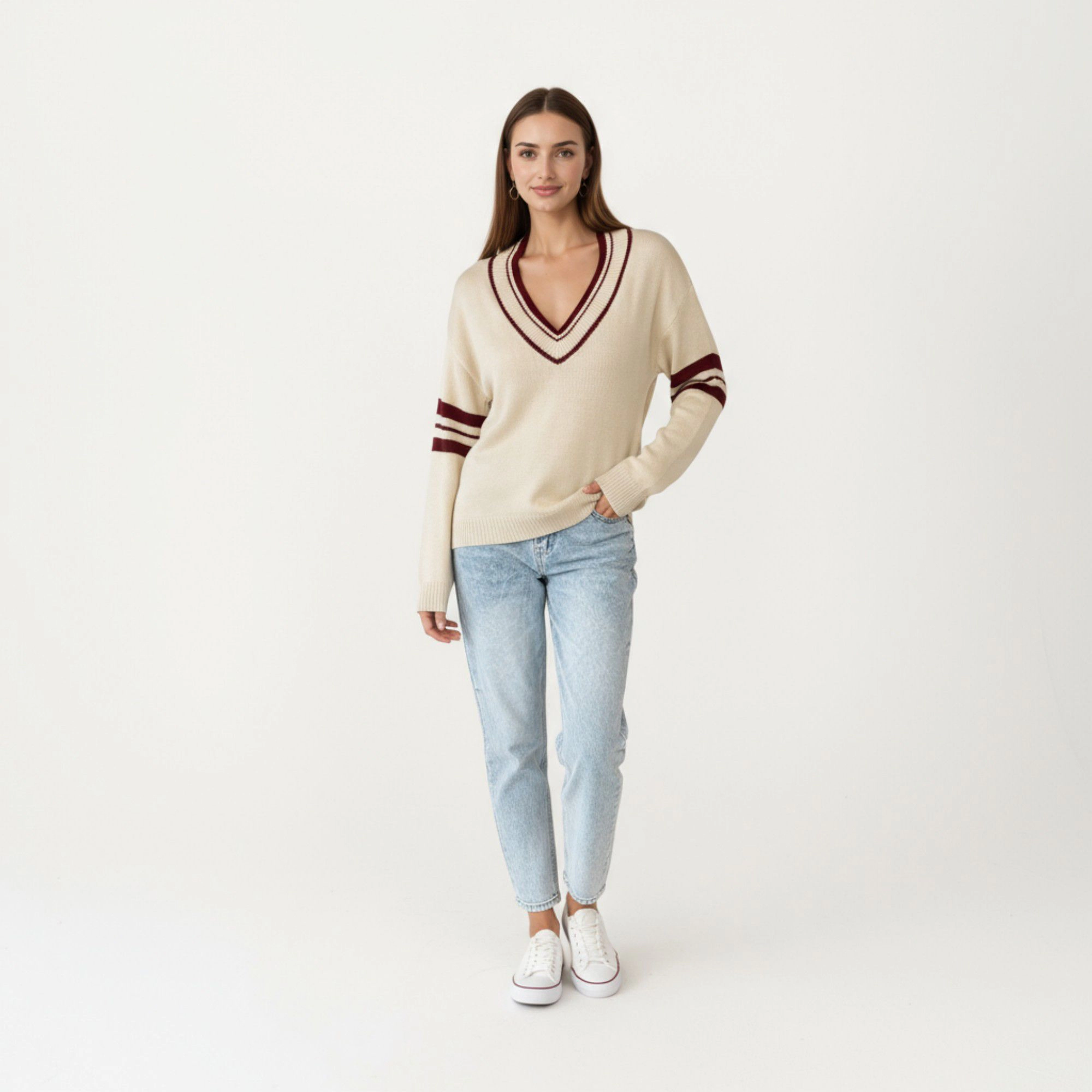 Anna-Kaci Women's Long Sleeve V-Neck Knit Sweater with Contrast Stripe Trim and Ribbed Hem