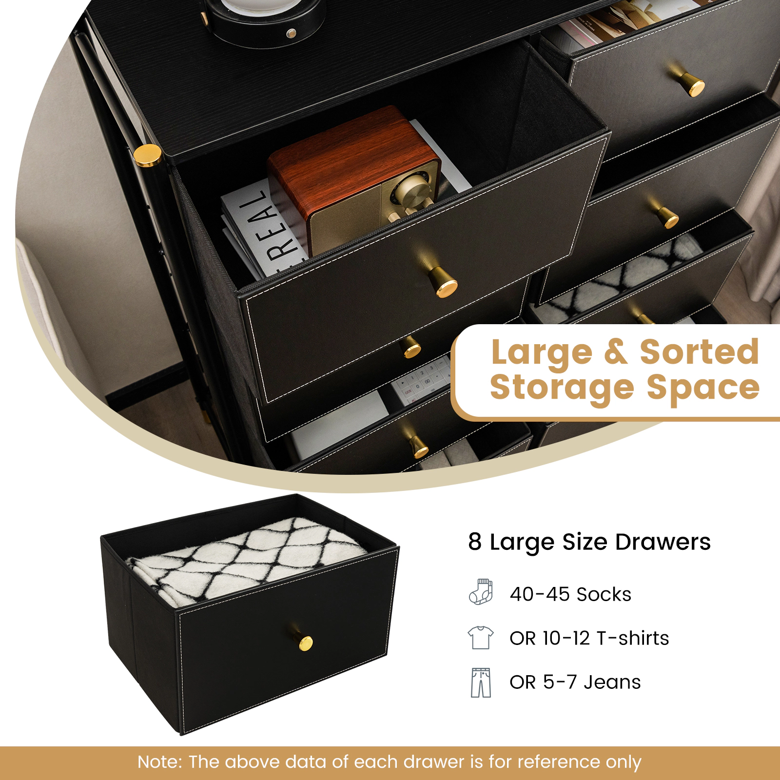 SUGIFT 38.5 in Black 8-Drawer Fabric Dresser with Metal Frame and Wood-Look Top