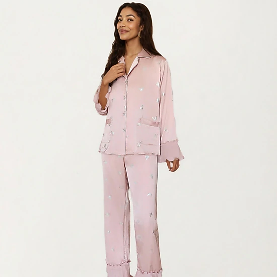 Anna-Kaci Women's 2-Piece Satin Pajama Top with Piping Detail and Ruffled Cuffs Paired with Matching Pants
