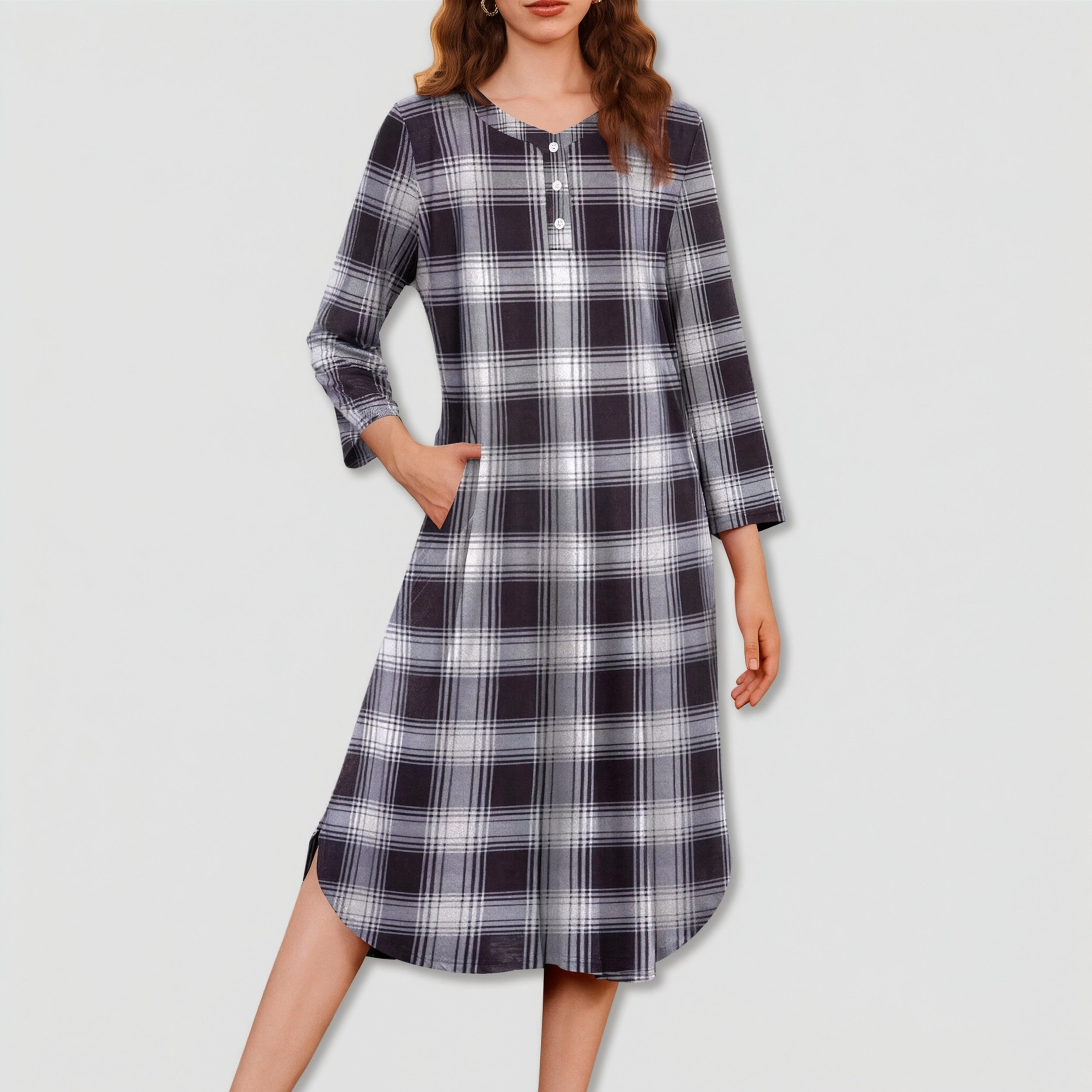 Ekouaer Womens Long Nightgowns Plaid Sleepwear Soft Loose Nightshirt 3/4 Sleeve