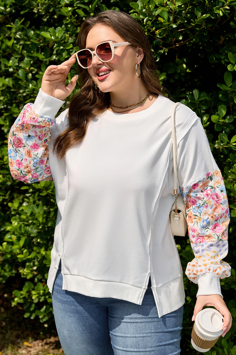 Threaded Pear Women's Amelia Floral Patchwork Sleeve Plus Sweatshirt