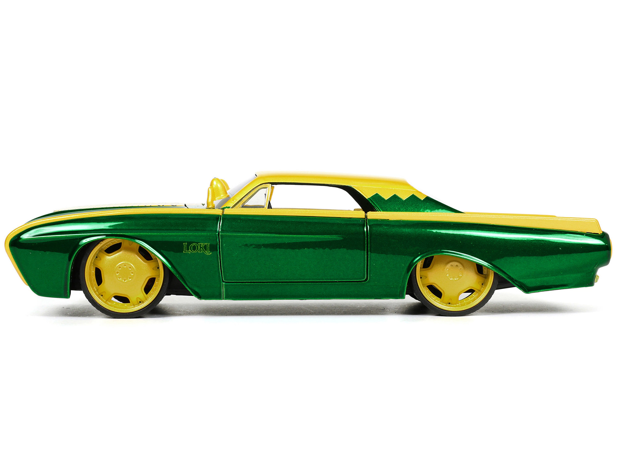 Jada 1963 Ford Thunderbird Green and Yellow Metallic with Hood Graphics and Loki Diecast Figure "Loki"