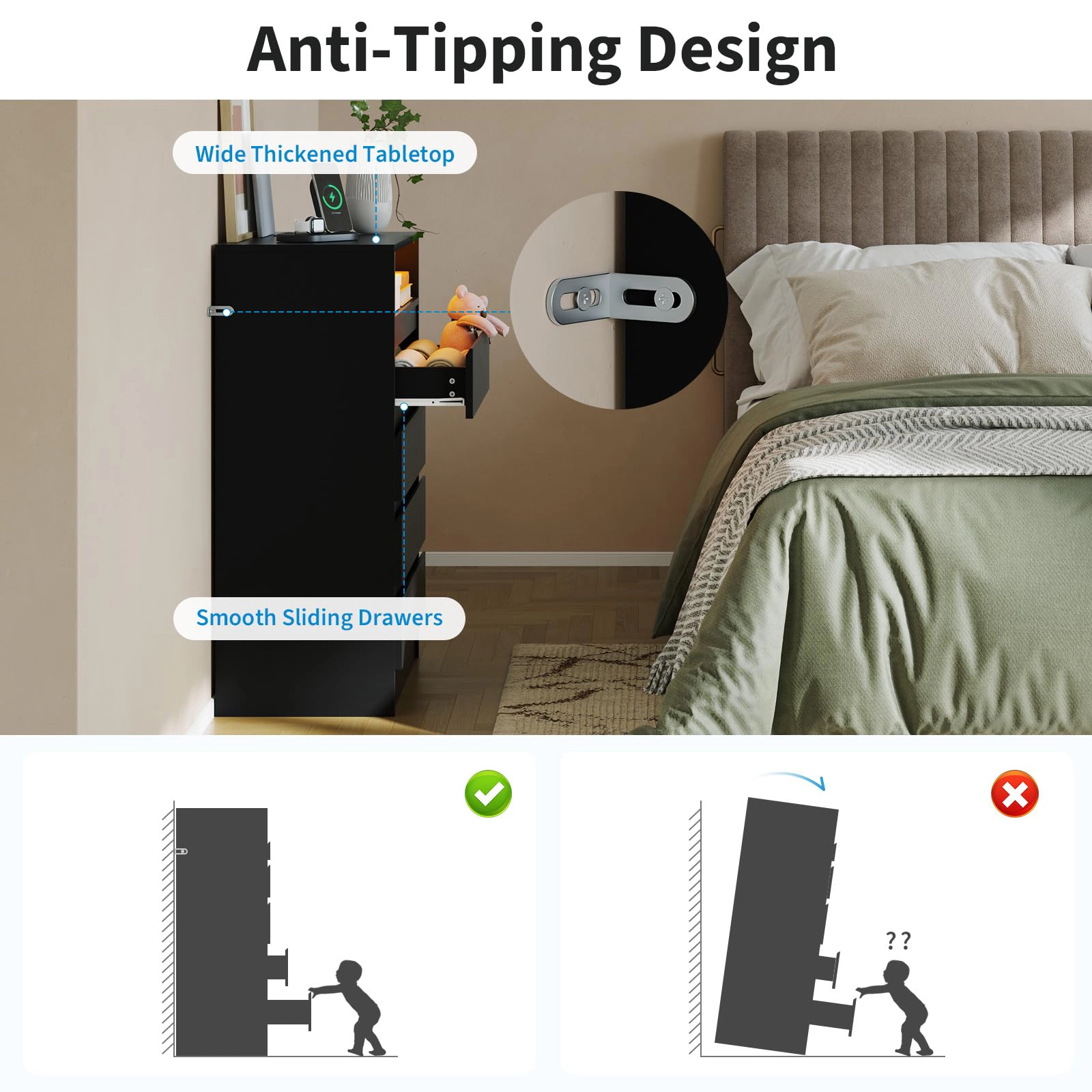 4 Drawer Dresser with Charging Station & LED Lights, Modern Chest Power Outlets for Bedroom