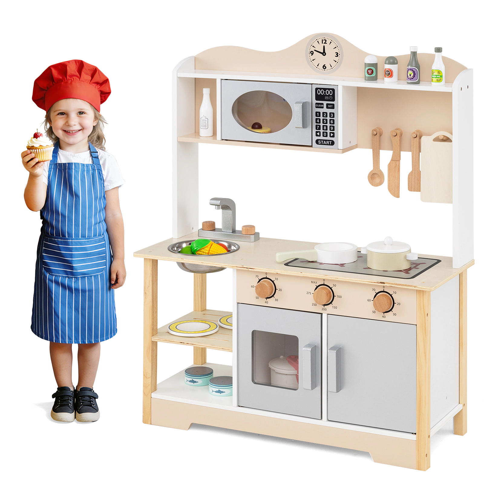 LJG Wooden Play Kitchen Cooking Toy Playset for Kids