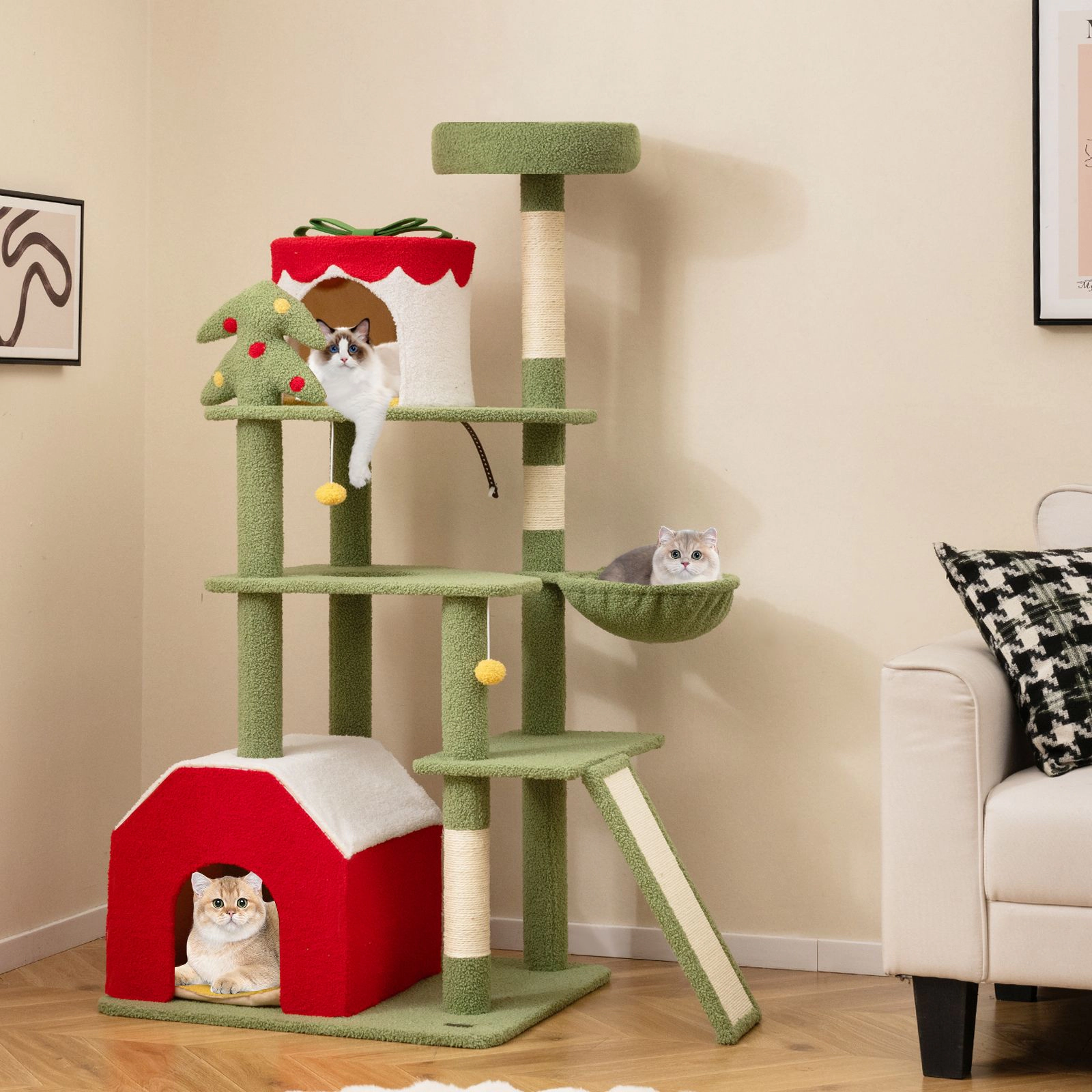 SlickBlue Christmas Cat Tree with 2 Condos