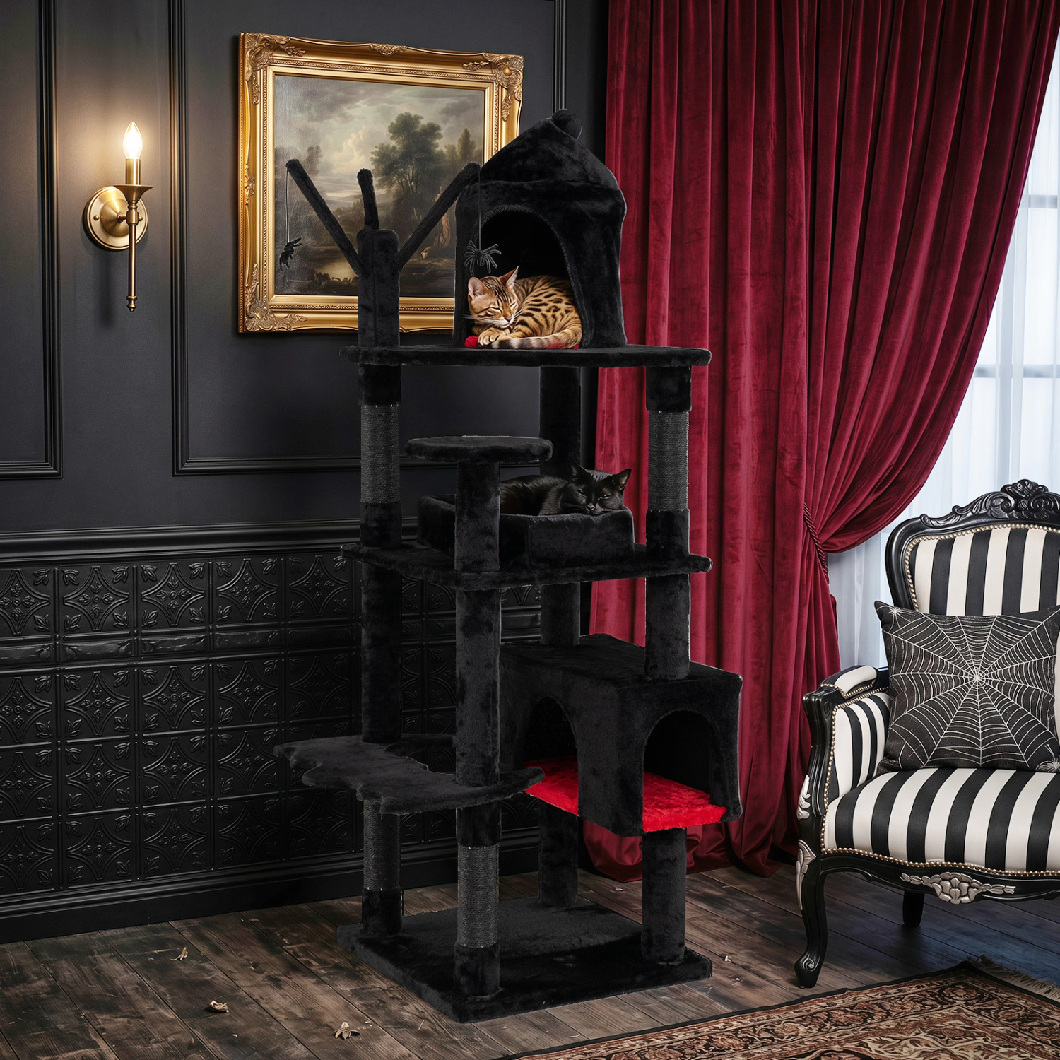 LJG 70 Inch Gothic Cat Tree for Indoor Cats with Castle and House