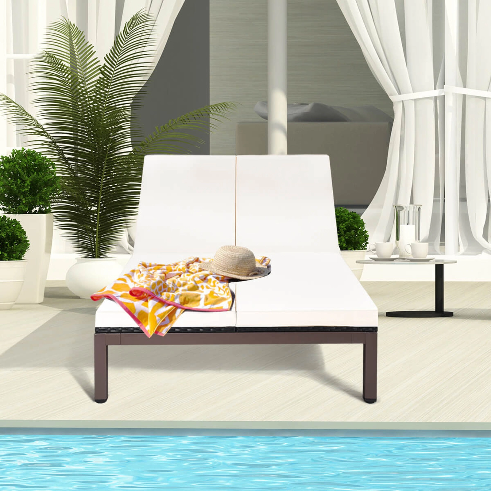 SUGIFT 2-Person Outdoor Rattan Double Chaise Lounge with Adjustable Backrests, White