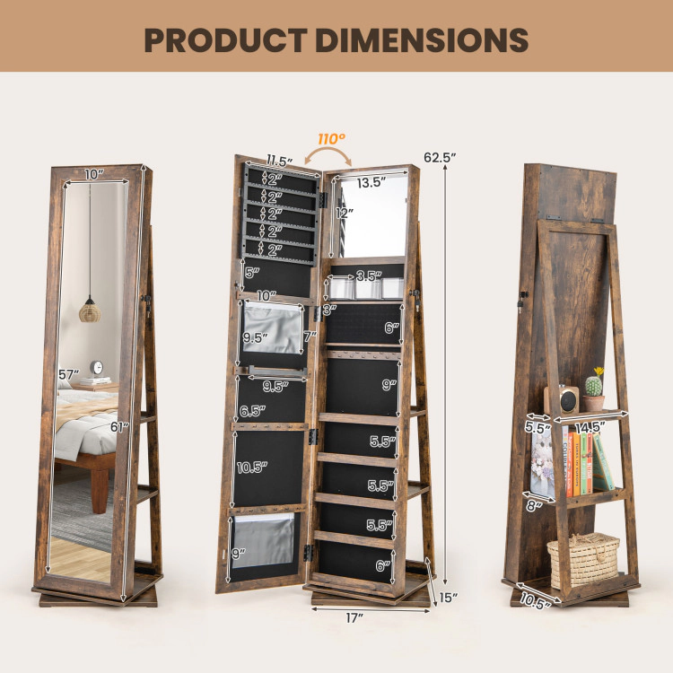 Hivvago 360° Swivel Jewelry Armoire Standing Organizer with Full Length Mirror and Back Shelves