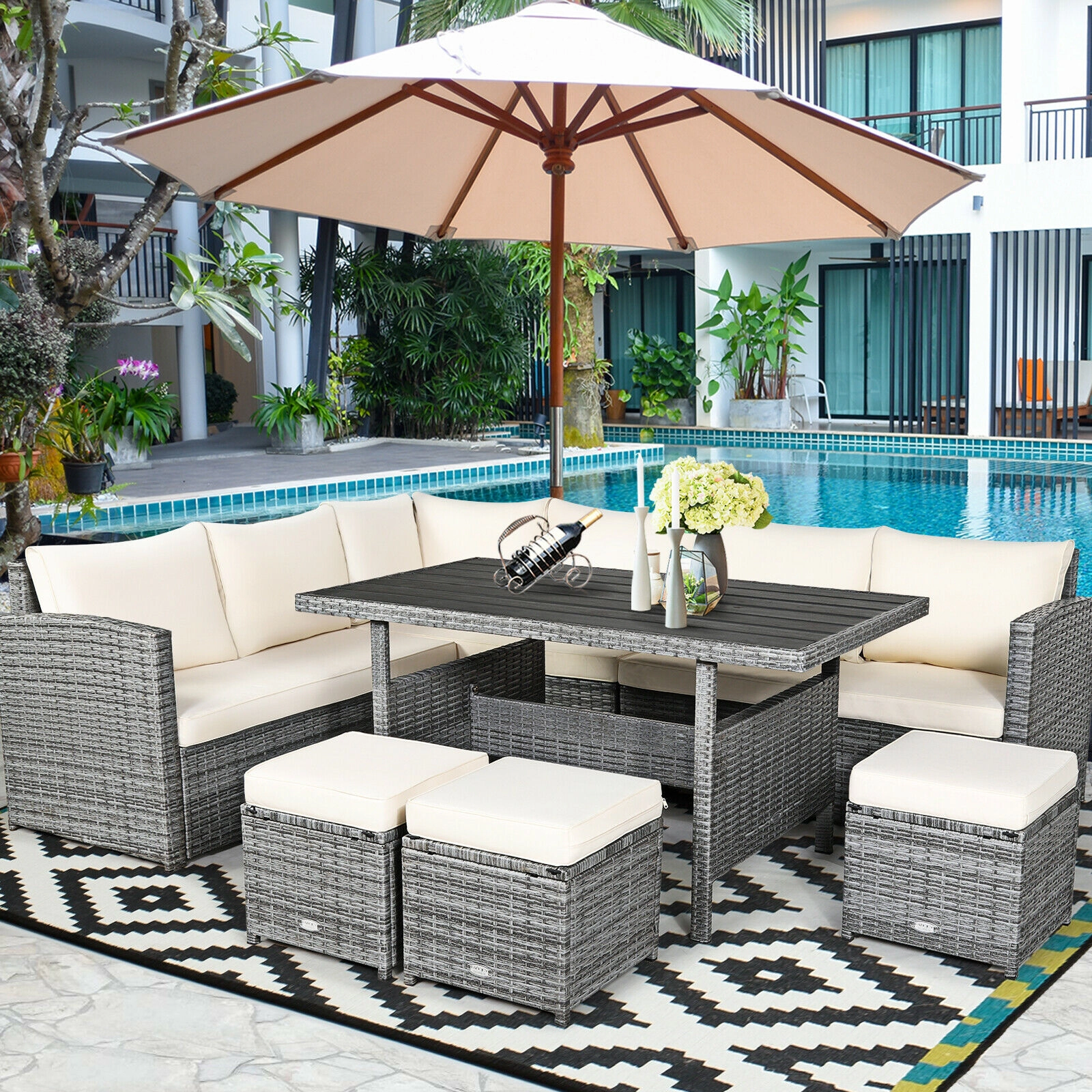 LJG 7 Pieces Patio Rattan Dining Furniture Sectional Sofa Set with Wicker Ottoman