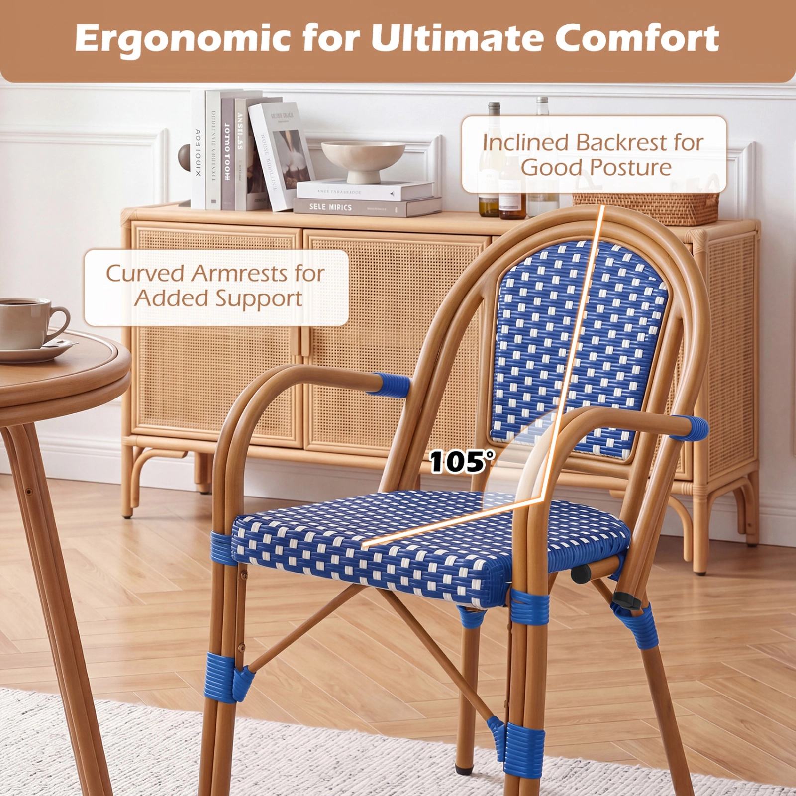 SUGIFT Set of 2 PE Wicker French Bistro Patio Chairs, Blue and White