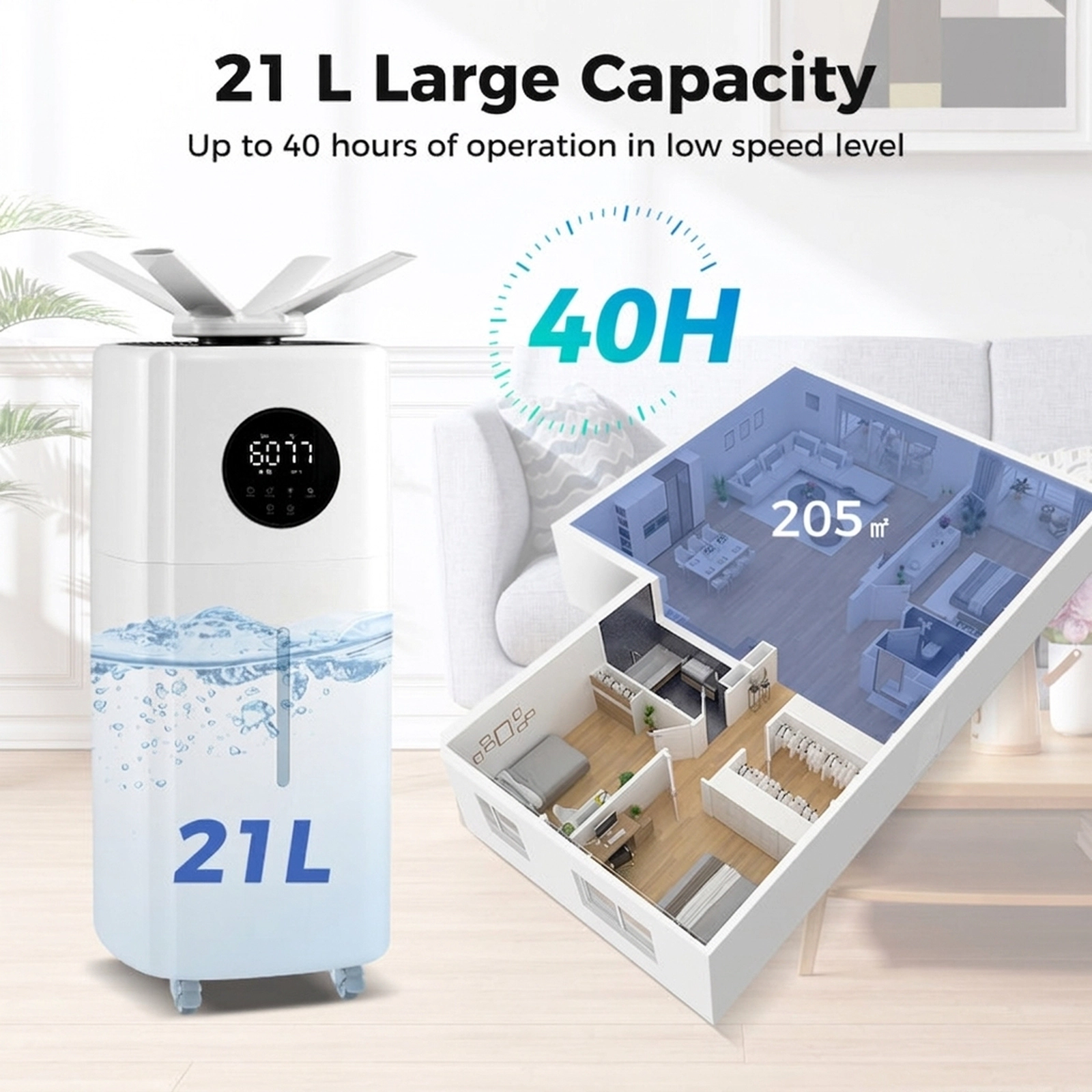 SUGIFT 5.5-Gallon Large-Room Humidifier with 360° Nozzles 40.5-in Max Height Top-Fill 21L Tank with Wheels White