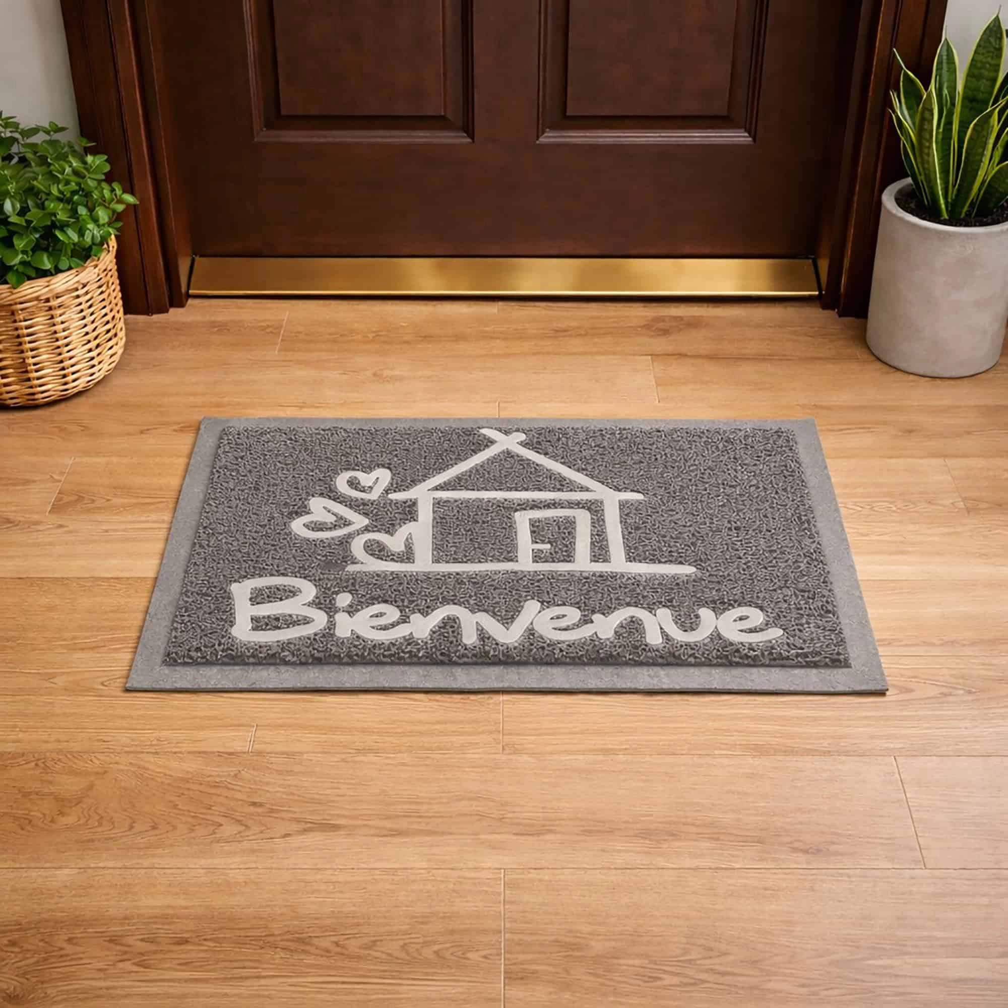 Evideco French Home Goods Gray Bienvenue PVC Doormat 24 x 16 Inches