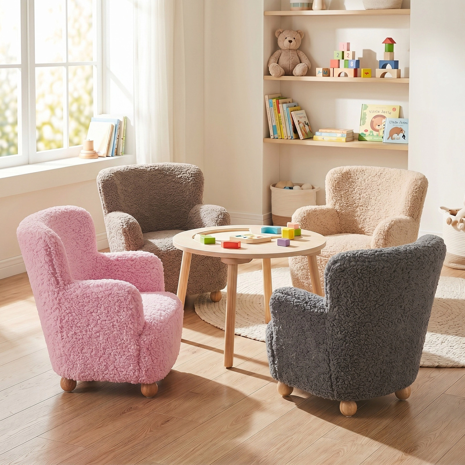 SUGIFT Kids’ Light Pink Sherpa Reading Chair with Rubber Wood Legs