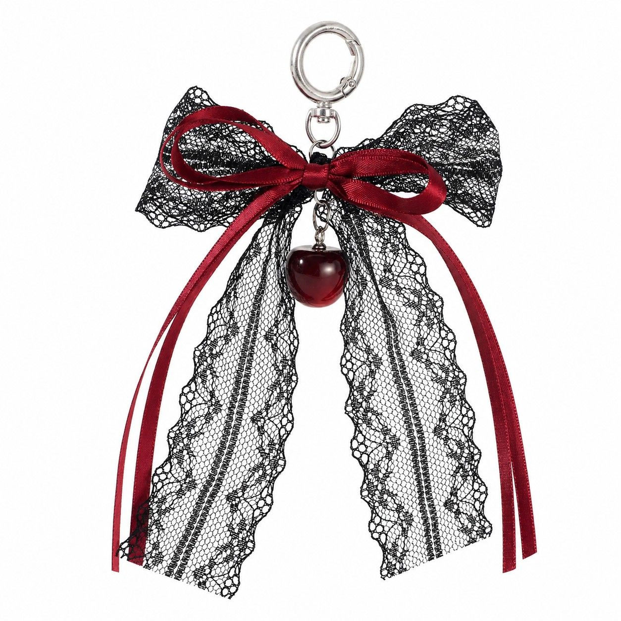 Alilang Women's Lace Bow Bag Charm Keychain with Cherry Accent and Metal Ring Clasp, Red Sheer