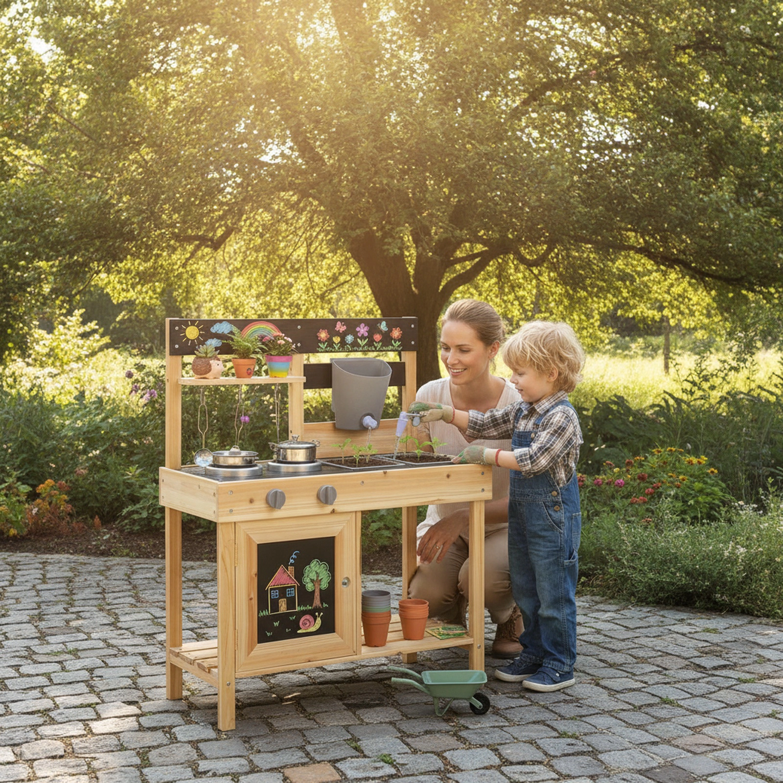 Mud Kitchen for Kids Outdoor 2 Removable Sinks Working Faucet 5 Kitchenware Pieces 26.5-in Fir Wood Ages 3+ Natural