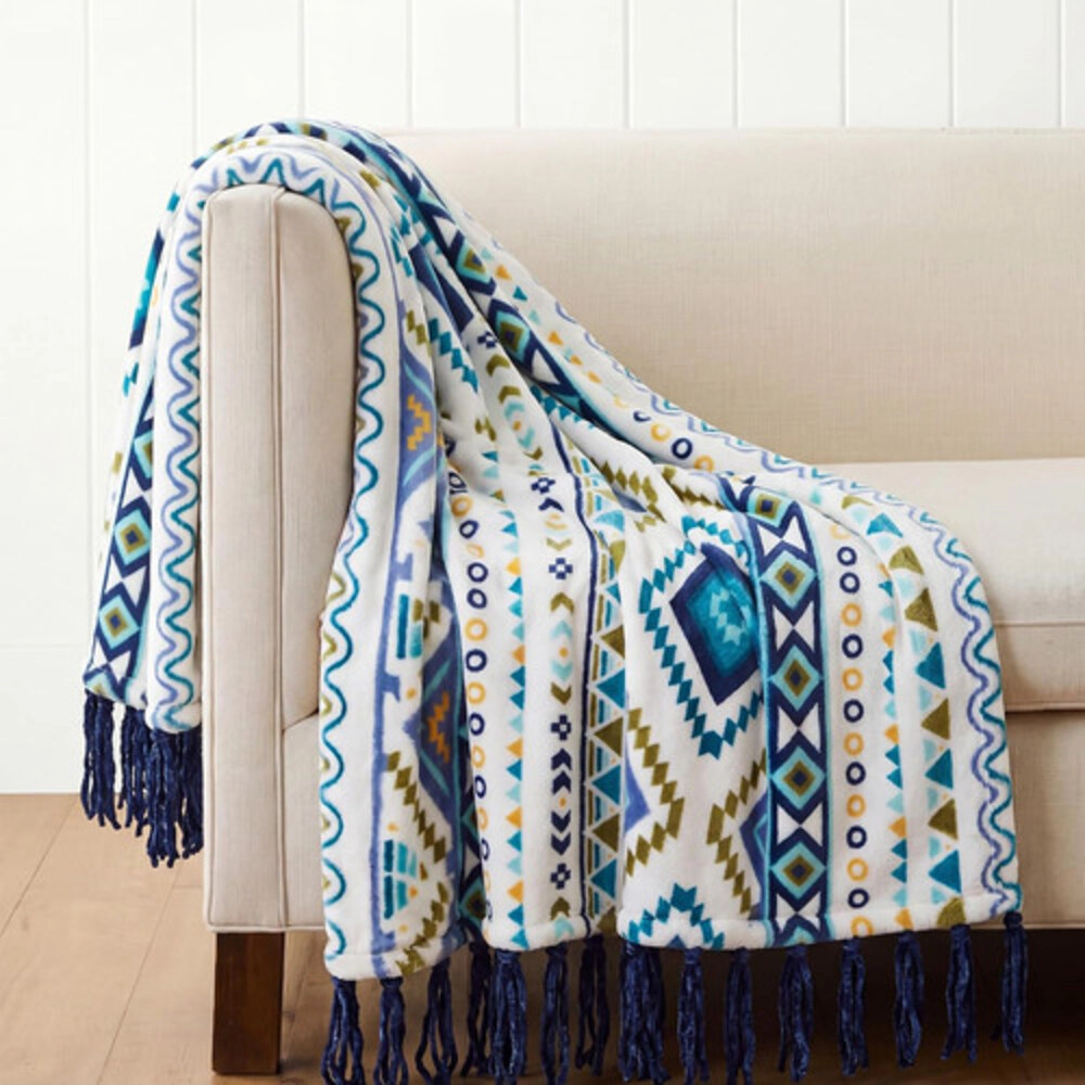 Technopliance Boho Tassel Throw Blanket 50 x 60 Inch Blue White