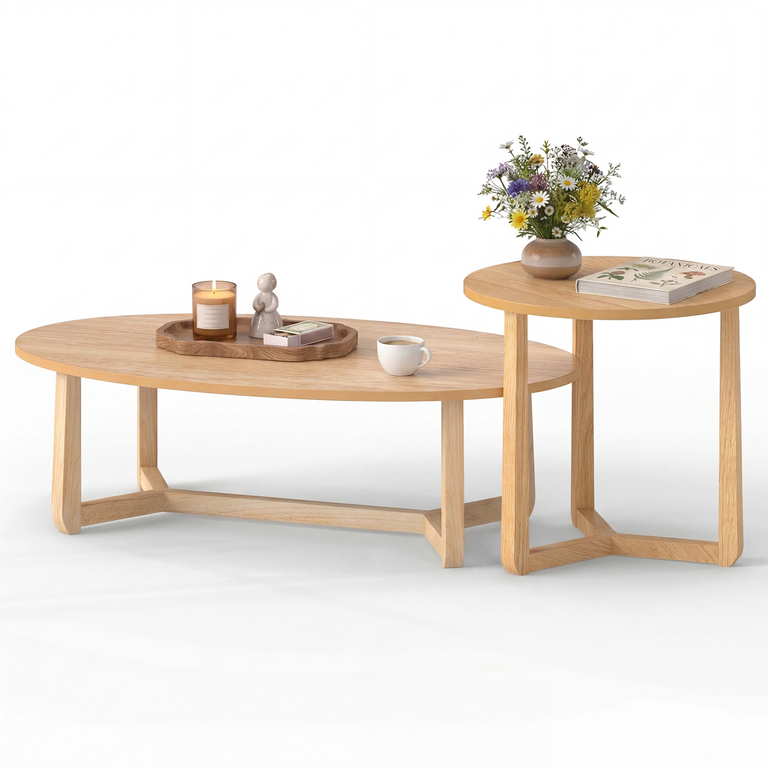 LJG Nesting Coffee Table Set of 2 with Wood Veneered Top and Solid Rubber Wood Legs