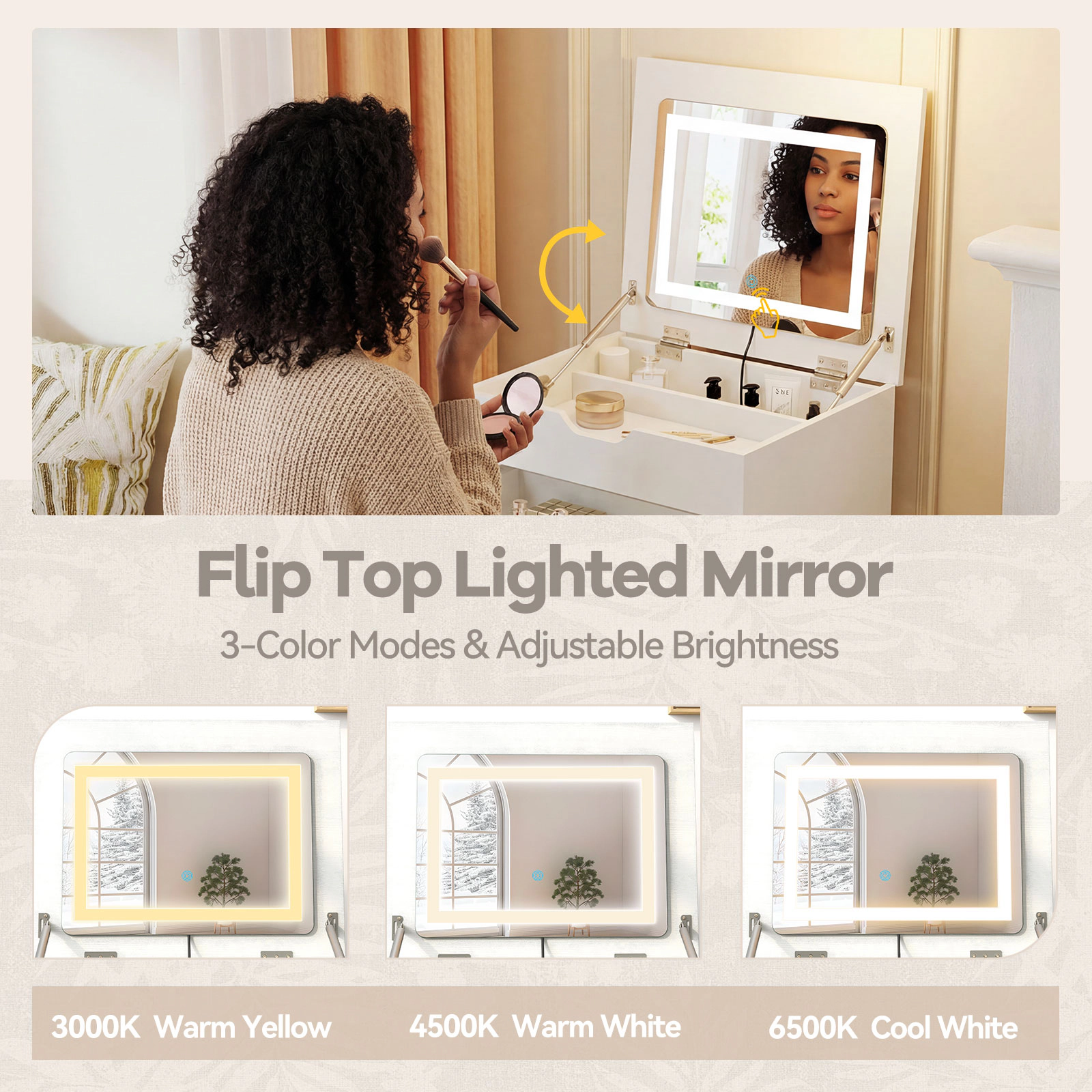 Hivvago 3-In-1 Small Vanity Desk Set With Flip-Top Mirror And Lights With Drawers And Stool